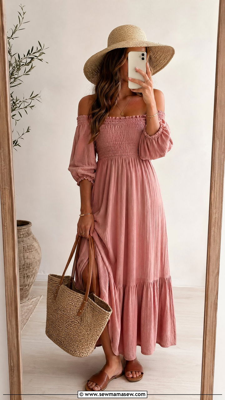 Off Shoulder Smocked Peasant Dress - 35 summer boho chic outfit ideas