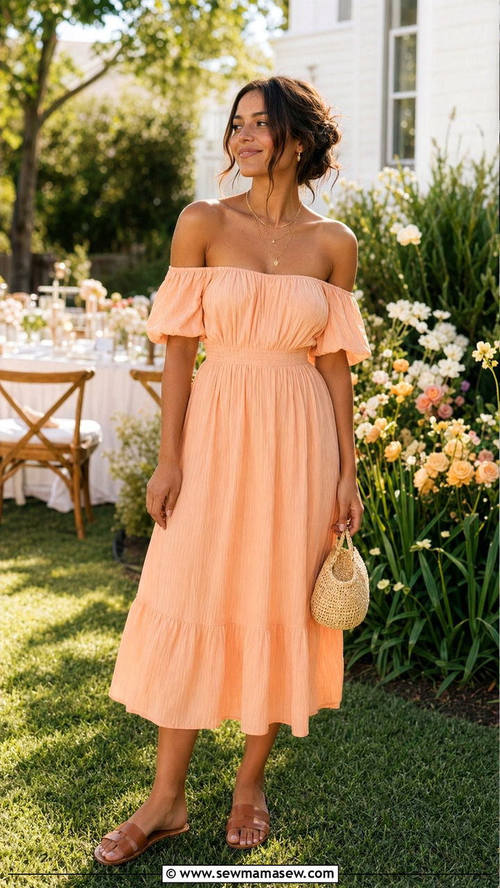 Off Shoulder Sundress with Flat Sandals - 30 Backyard wedding guest outfits