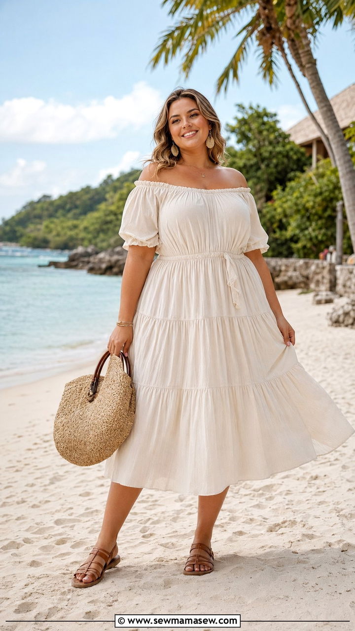 Off Shoulder Tiered Midi Dress With Flat Sandals - 35 Plus size summer outfits