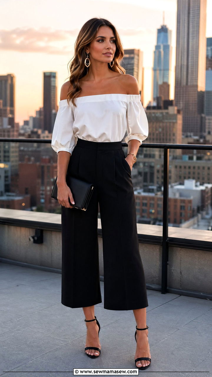 Off Shoulder Top With Cropped Wide Leg Pants Outfit - 35 spring to summer outfits