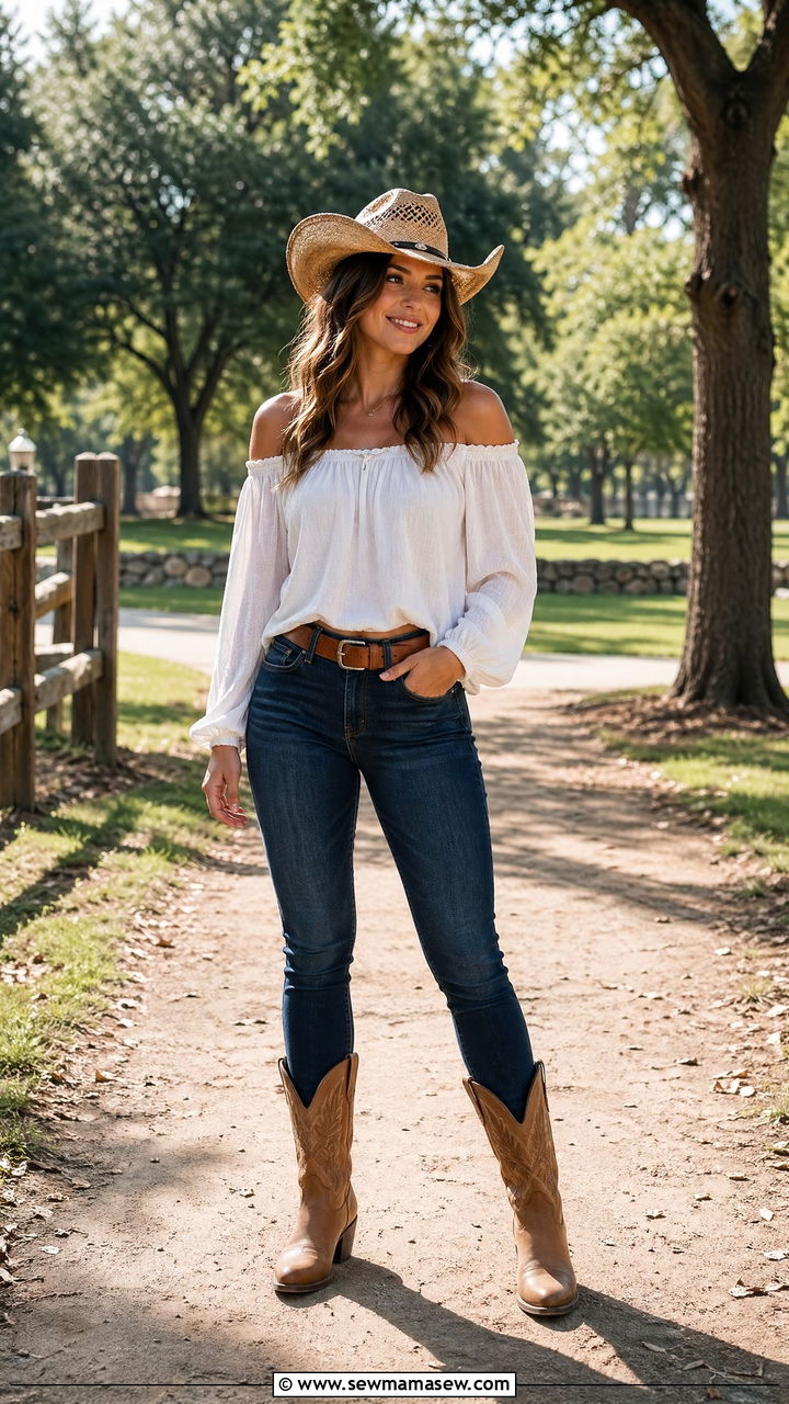 Off Shoulder Top With Skinny Jeans And Boots - 35 Cowgirl outfit ideas