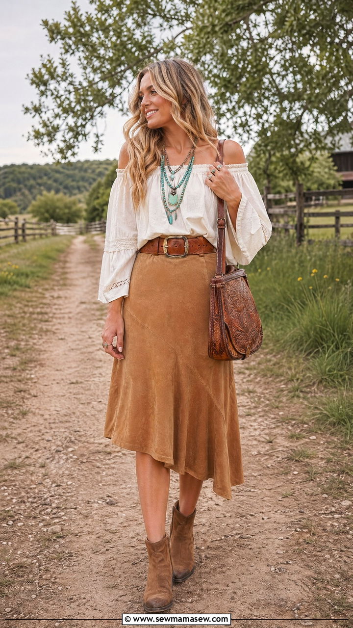Off Shoulder Top With Suede Skirt - 35 spring boho outfits
