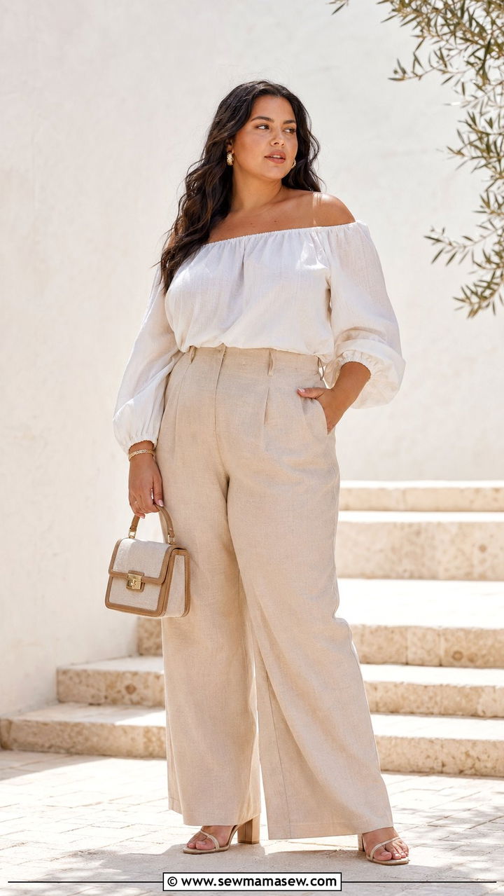 Off Shoulder Top With Wide Leg Pants Summer Outfit - 35 Plus size outfit ideas size 20 summer