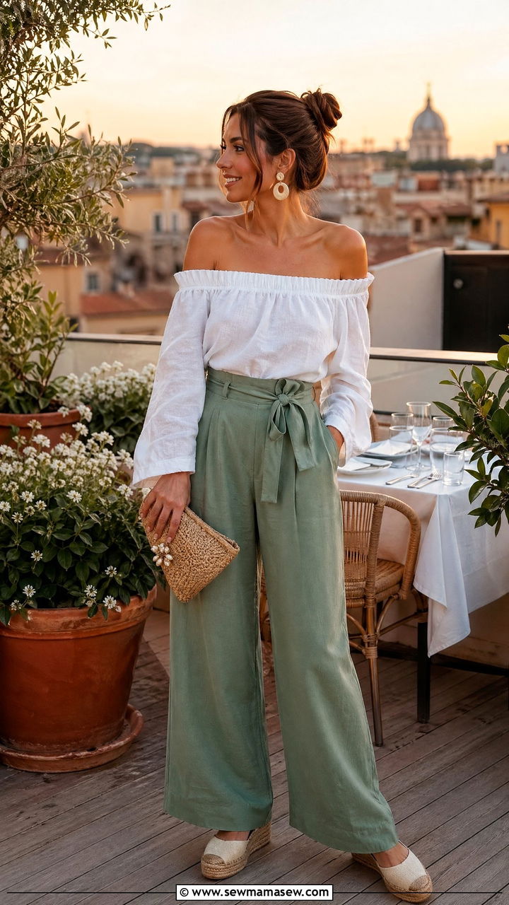 Off Shoulder Top With Wide Leg Trousers - 35 spring comfortable outfit ideas