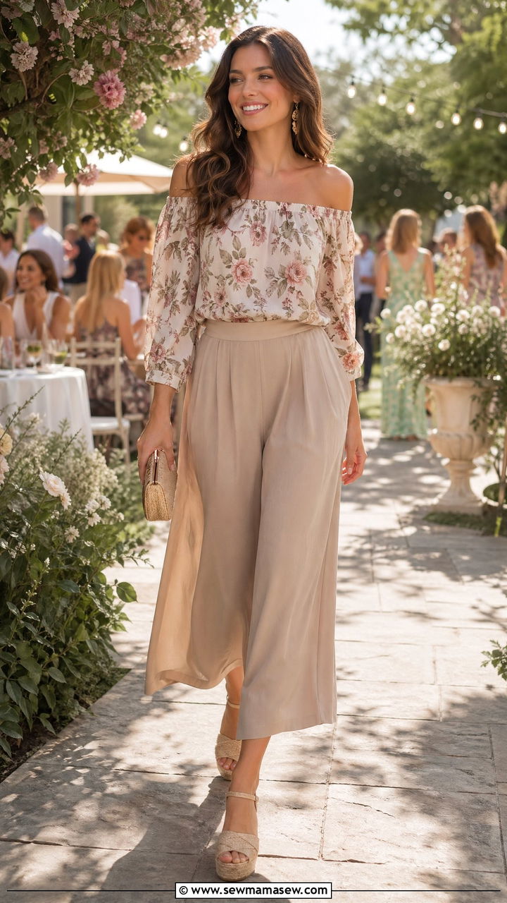 Off Shoulder Top and Culottes Outfit - 35 Summer style ideas