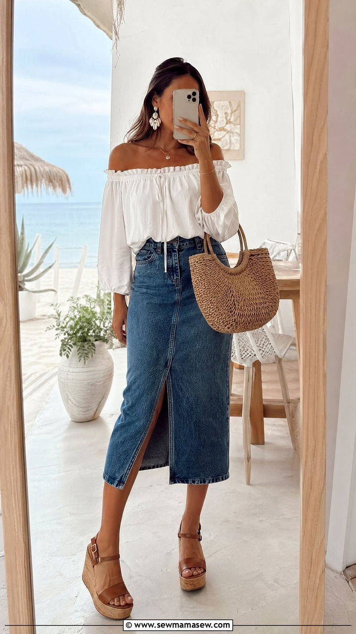 Off Shoulder Top and Denim Skirt with Wedge Sandals - 35 Wedge sandal outfit ideas