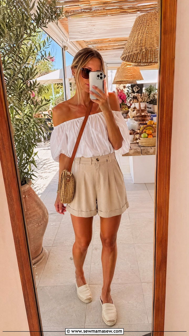 Off Shoulder Top and High Waist Shorts - 35 summer aesthetic outfit ideas