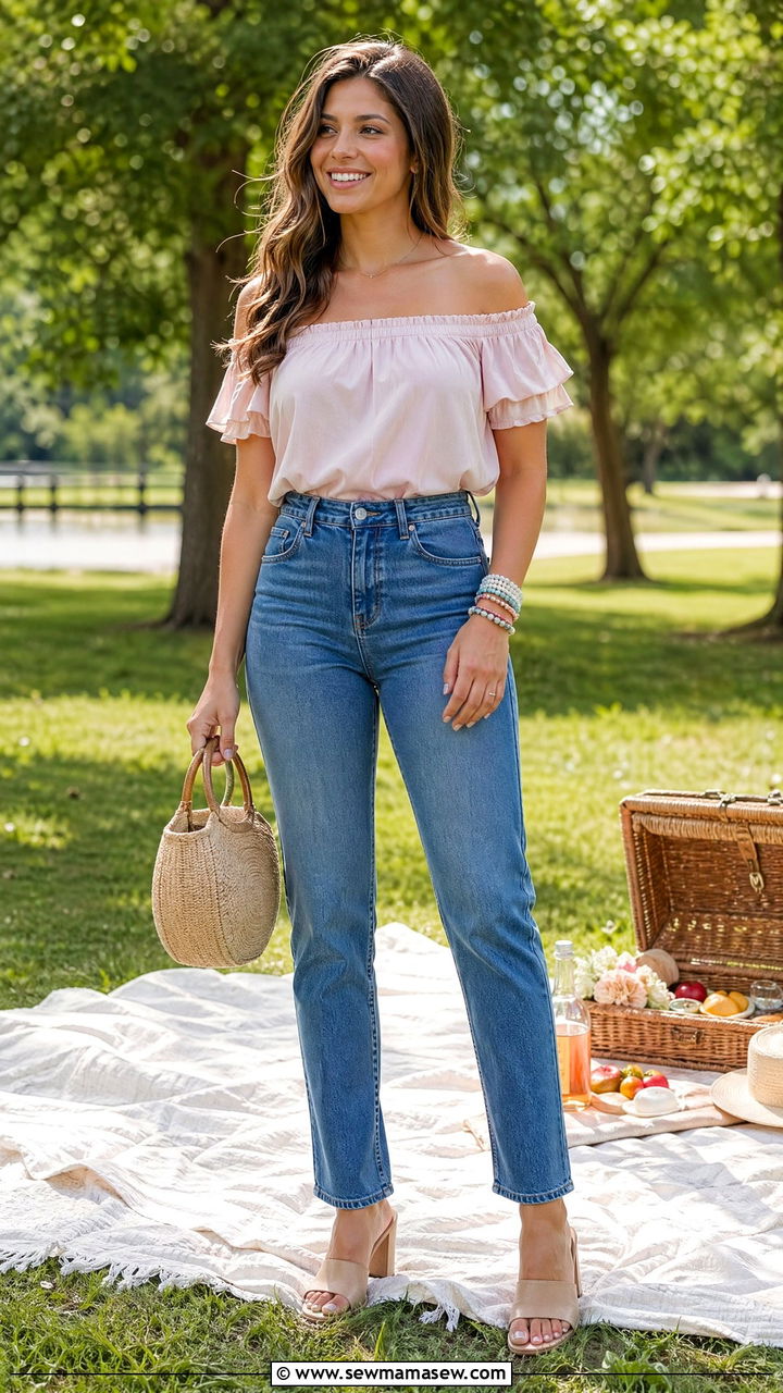 Off Shoulder Top and High Waisted Jeans - 35 spring mother's day outfit ideas