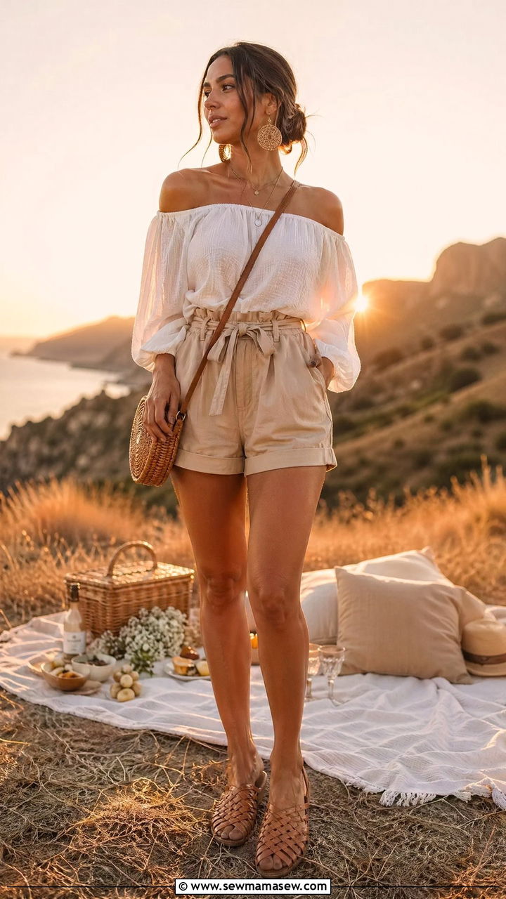 Off Shoulder Top and High Waisted Shorts Outfit - 35 Summer outdoor outfits