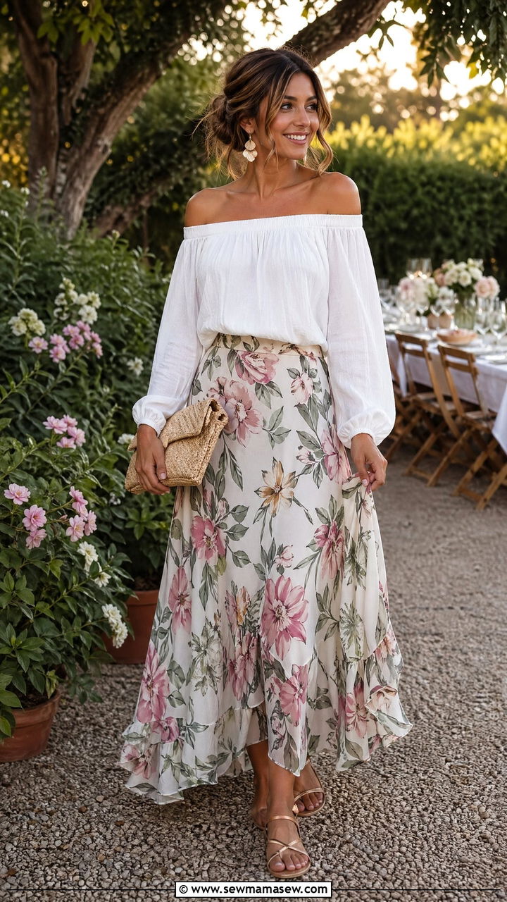 Off Shoulder Top and Maxi Skirt With Sandals - 35 summer garden party outfit ideas