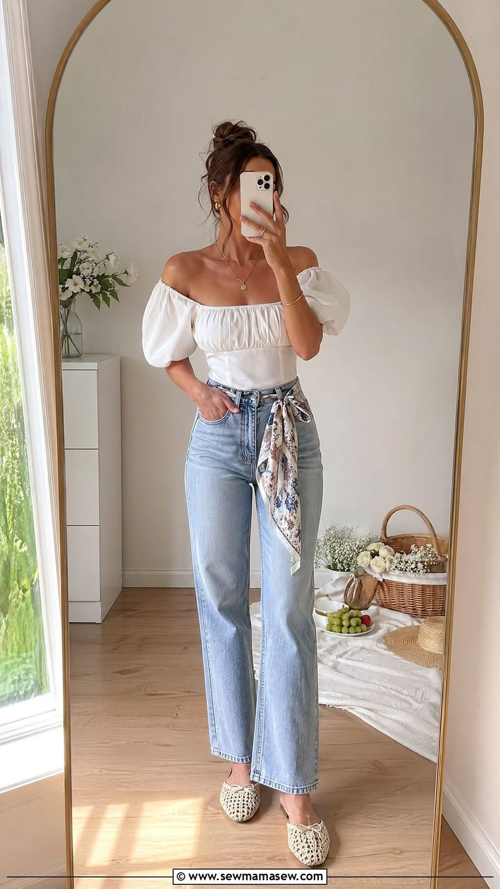 Off Shoulder Top with Denim Jeans - 35 Spring picnic outfit ideas