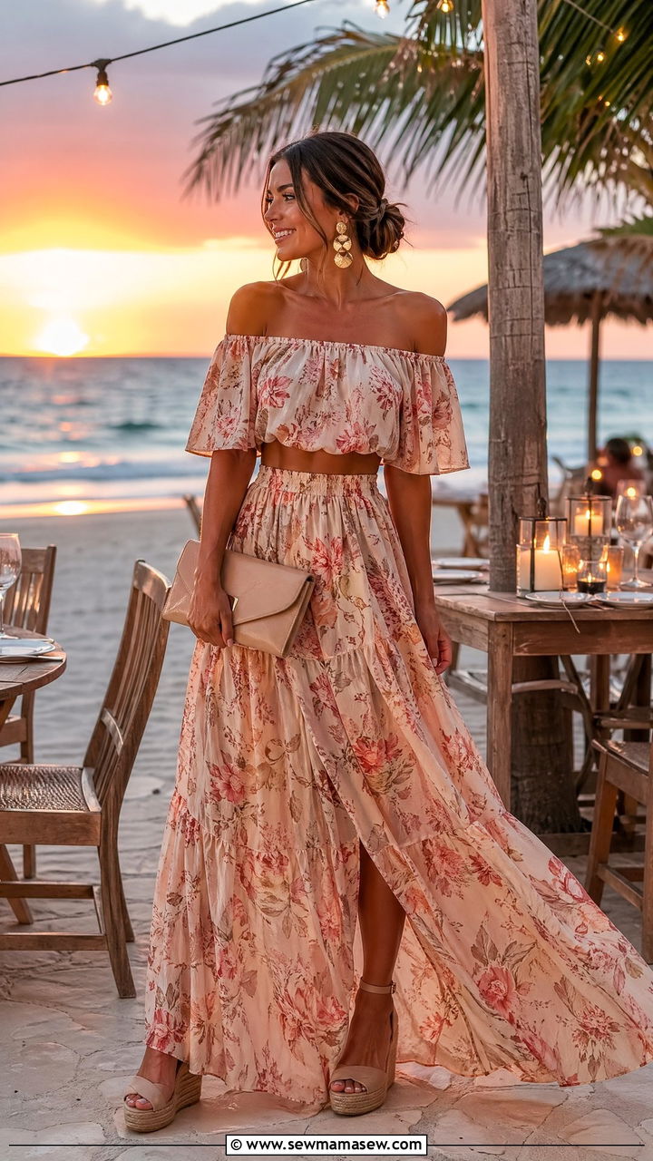 Off Shoulder Top with Matching Maxi Skirt and Wedges - 35 spring vacation chic outfit ideas
