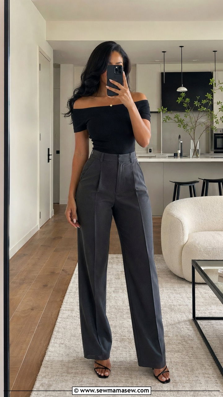 Off Shoulder Top with Wide Leg Trousers - 35 Outfit ideas for pear shape
