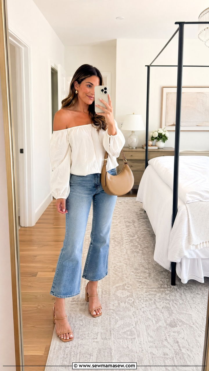 Off Shoulder White Blouse and Cropped Flare Jeans - 35 Warm spring outfits