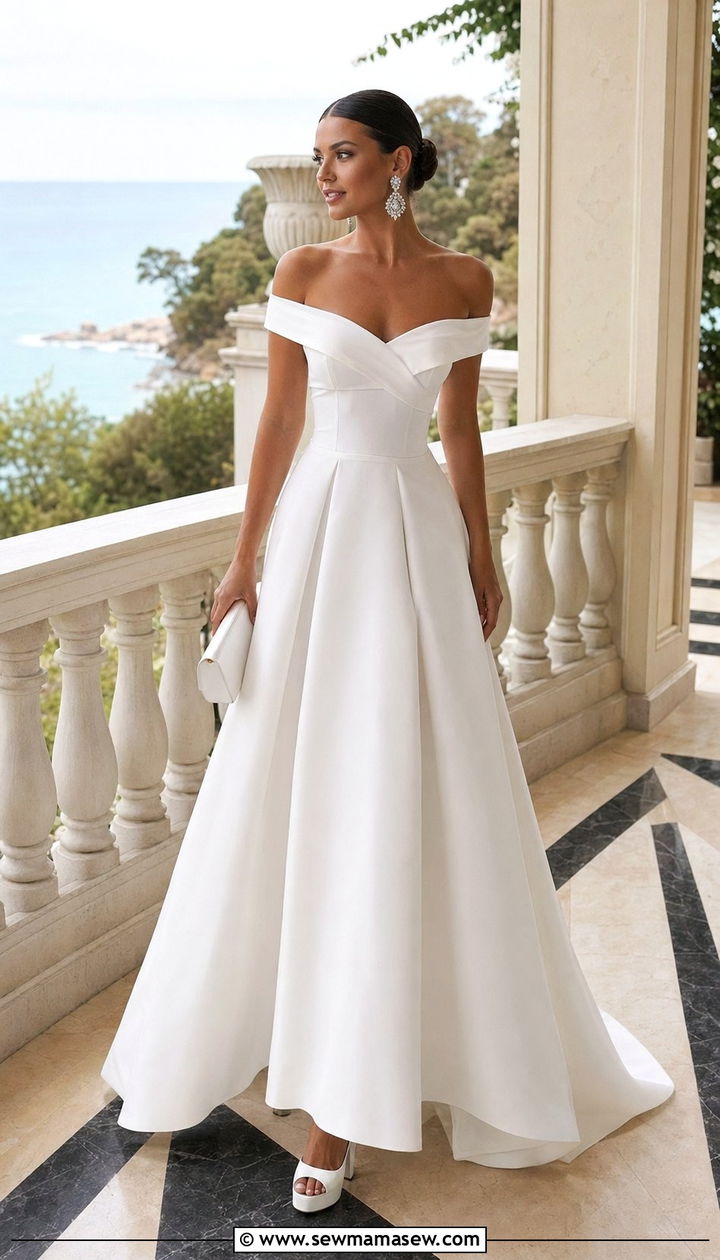Off Shoulder White Gown With Diamond Jewelry - 35 Old Hollywood outfit ideas