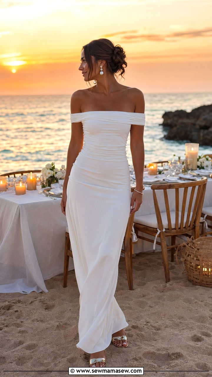 Off Shoulder White Maxi Dress Bachelorette Look - 30 Bachelorette trip outfit ideas