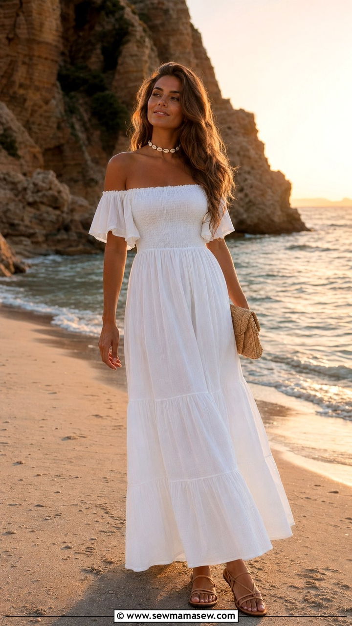 Off Shoulder White Maxi Dress Resort Outfit - 35 resort outfits ideas