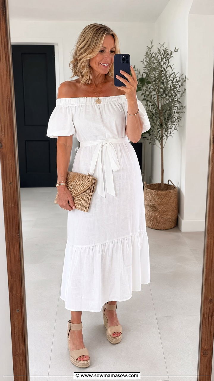 Off The Shoulder Dress With Espadrilles - 35 What to wear in summer for women over 40