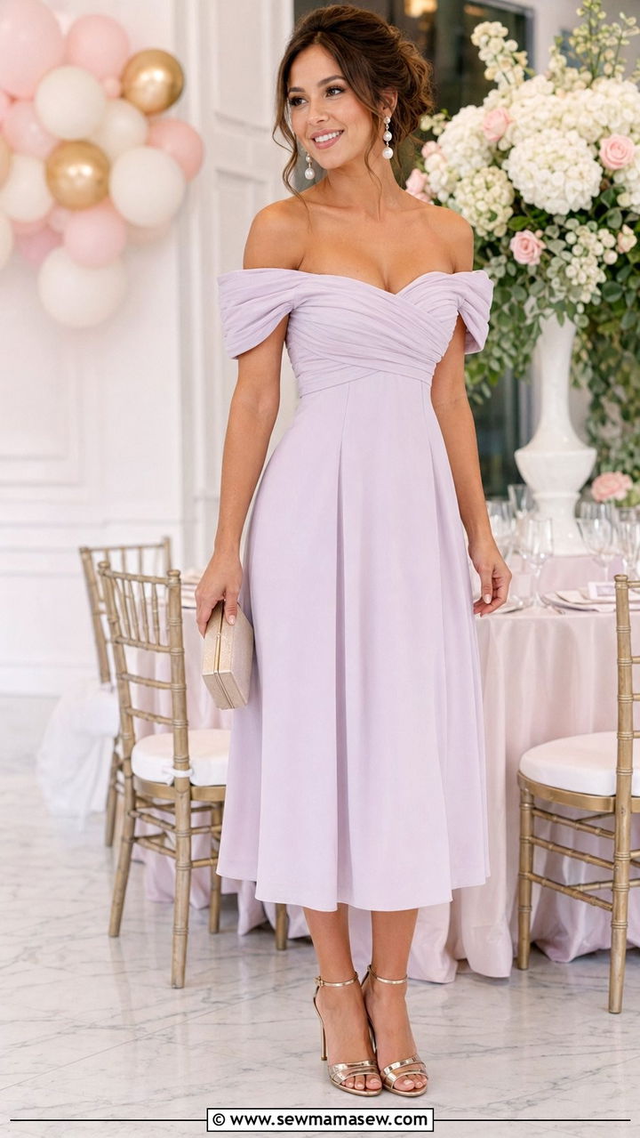 Off The Shoulder Dress With Strappy Heels - 30 Baby shower outfit ideas summer