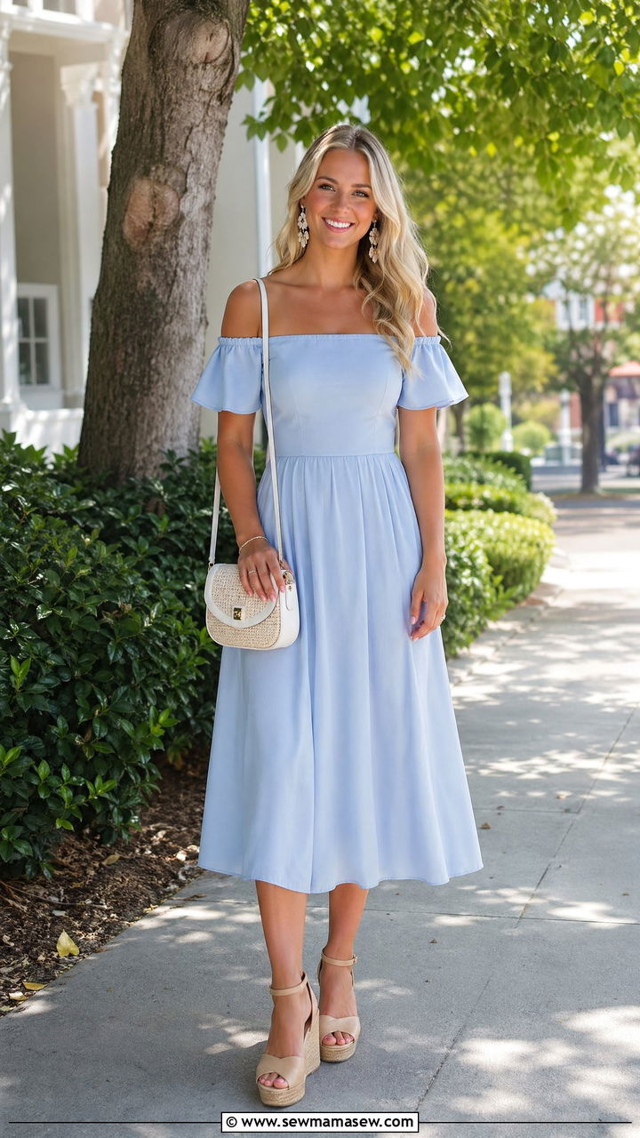 Off The Shoulder Dress With Wedge Sandals - 35 Summer graduation outfits