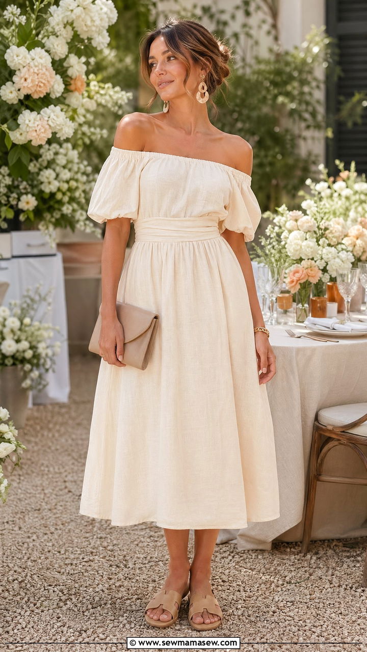 Off The Shoulder Midi Dress With Mules - 35 summer baby shower outfit ideas