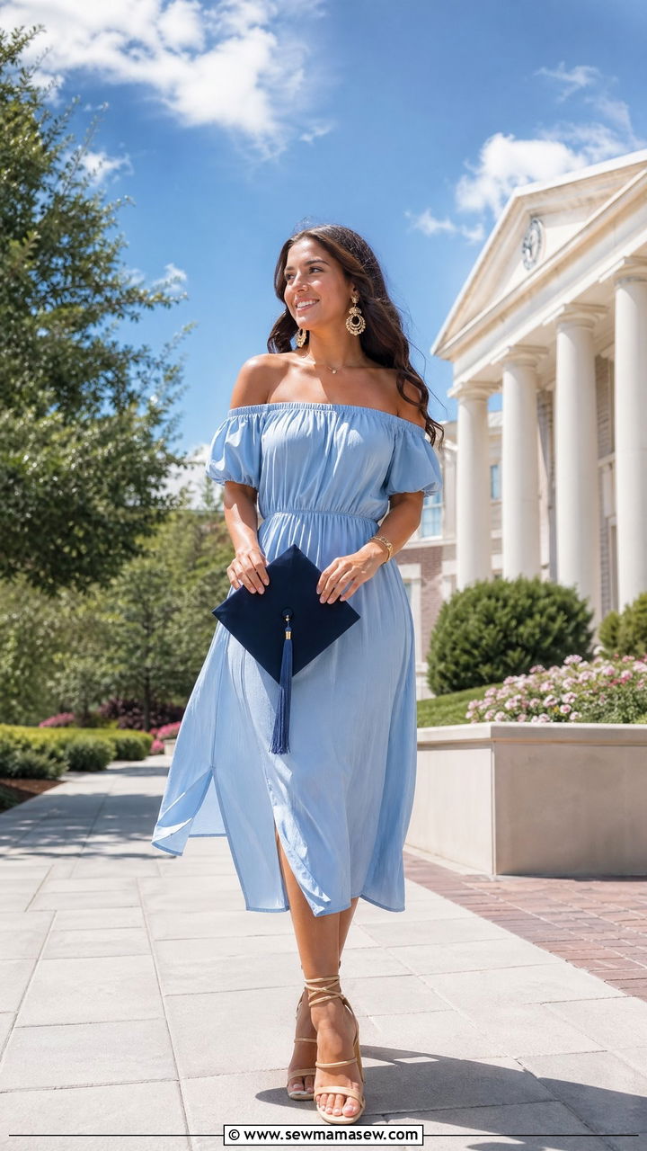 Off The Shoulder Midi Dress With Statement Earrings - 35 summer graduation outfit ideas