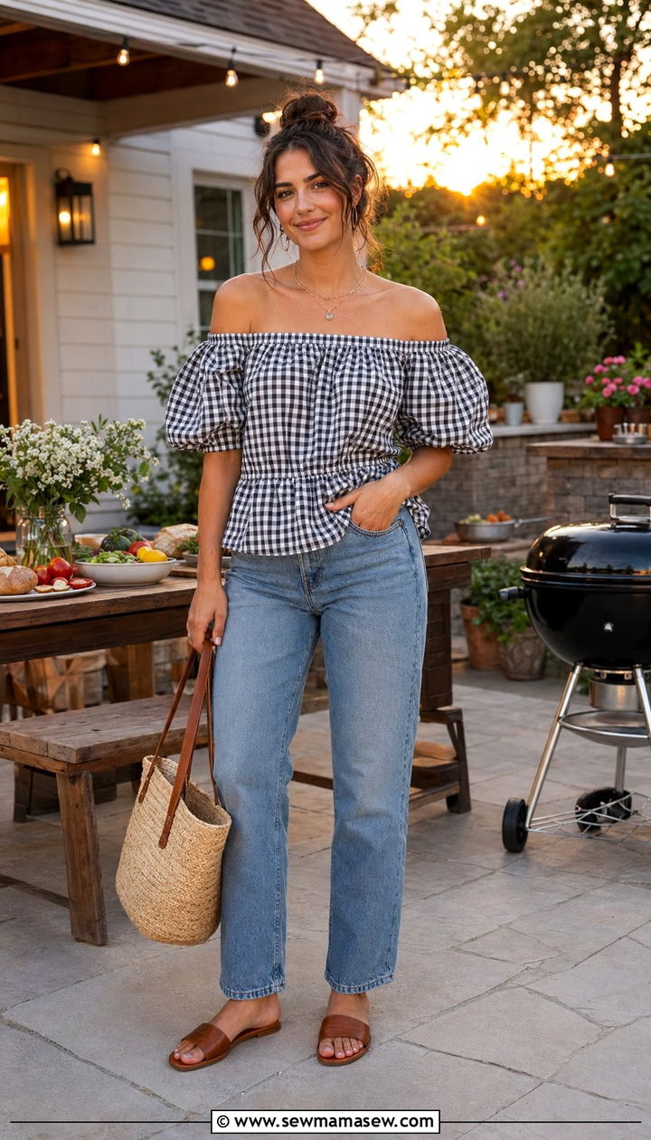 Off The Shoulder Top And Jeans BBQ Outfit - 30 BBQ outfit ideas for women