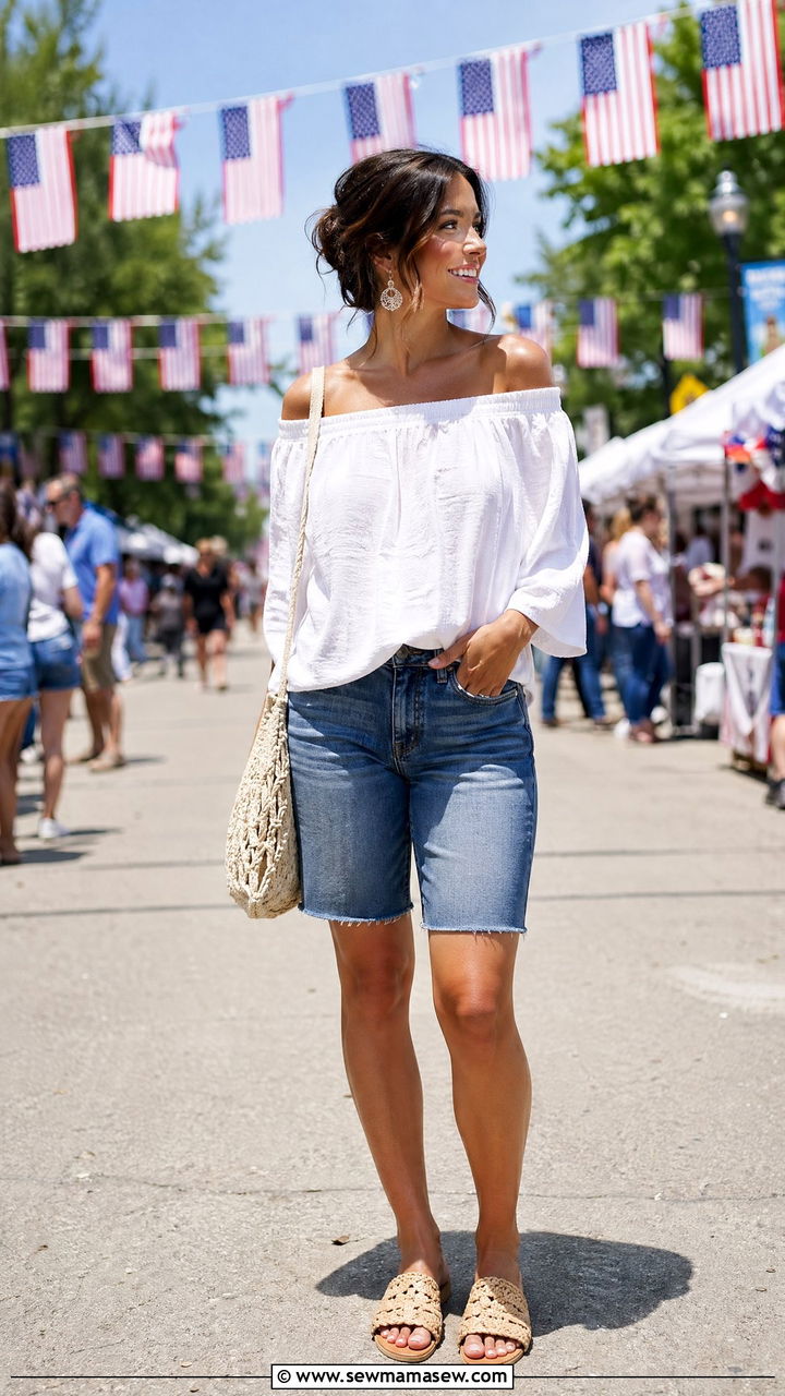 Off The Shoulder White Blouse With Denim Bermuda Shorts - 35 summer memorial day outfit ideas