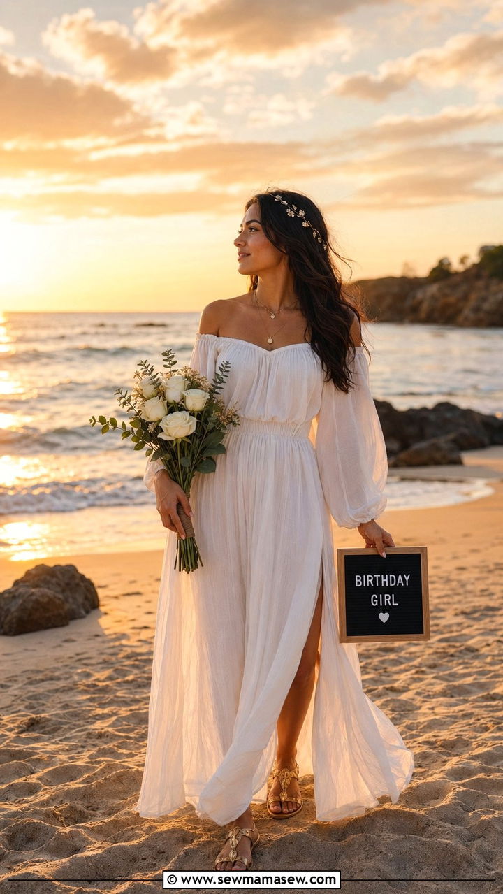 Off The Shoulder White Maxi Dress With Gold Sandals Outfit - 30 Birthday photo outfit ideas