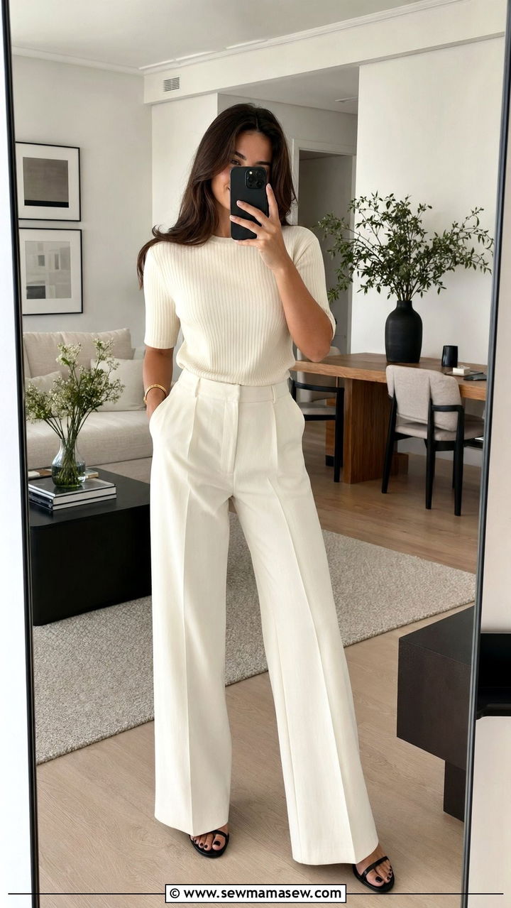 Off White Ribbed Knit Top and Wide Leg Pants Outfit - 35 Old money outfits 2026