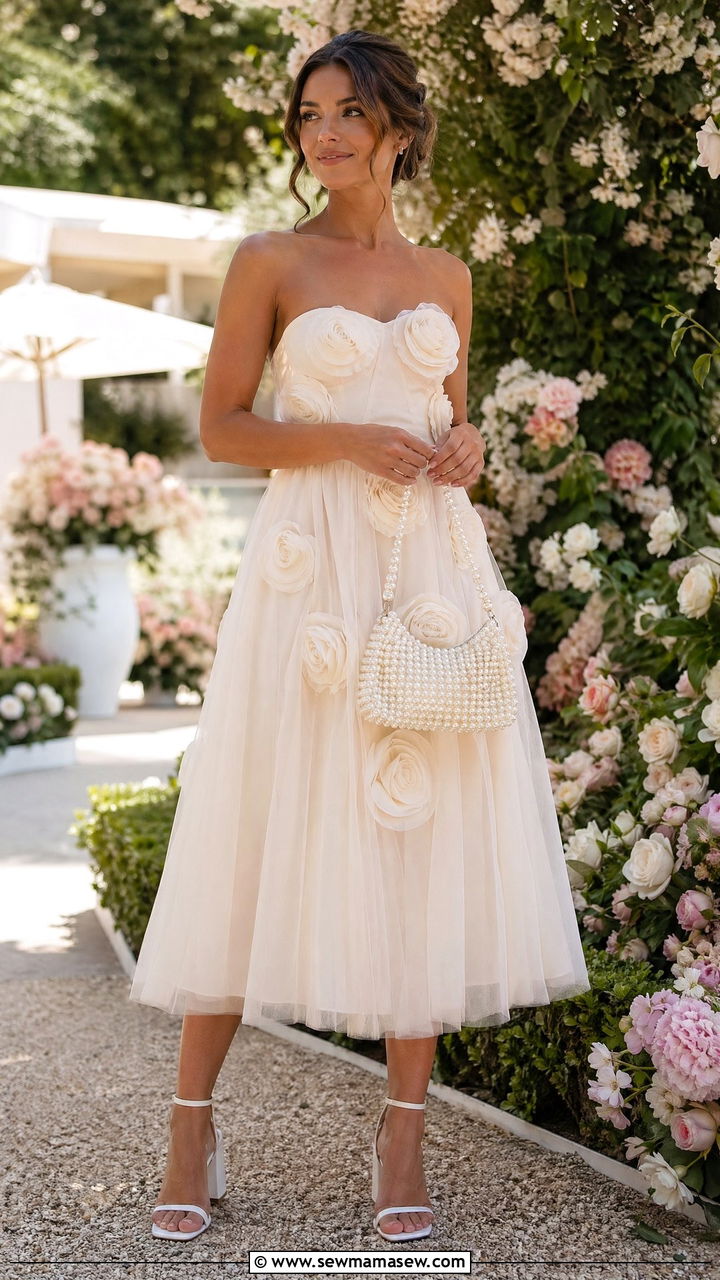 Off White Tulle Dress With Rose Appliques And White Sandals - 35 Wedding guest outfit ideas 2026