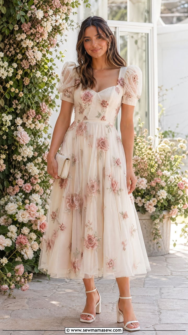 Off White Tulle Dress With Rose Appliques - 35 wedding guest outfits