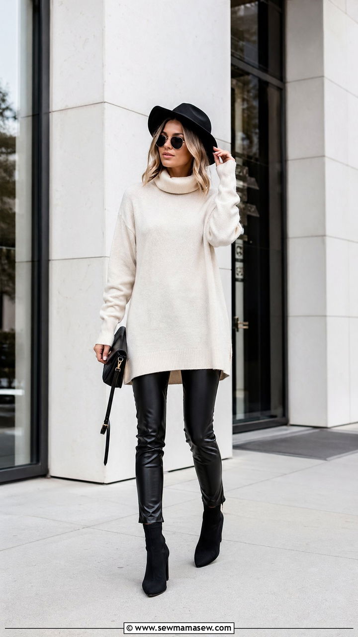 Off White Tunic Over Slim Leather Pants - 35 Uptown girl outfit ideas