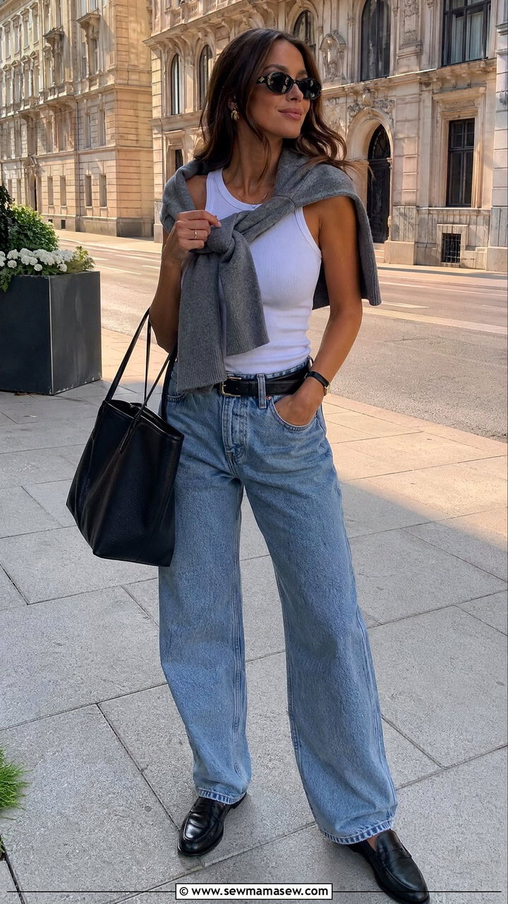 Off duty model outfit with jeans and a tank top - 35 Clean girl aesthetic outfit ideas
