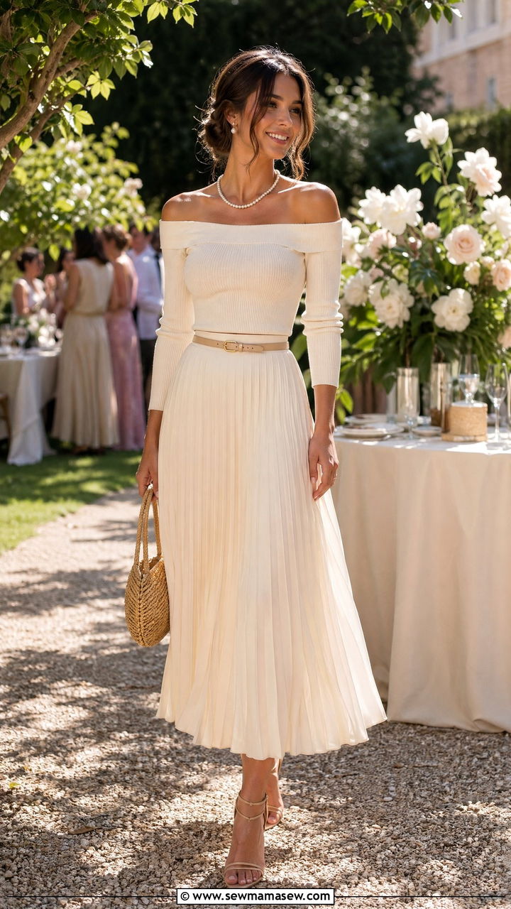 Off shoulder cream top and pleated midi skirt outfit - 35 classy outfits 2026