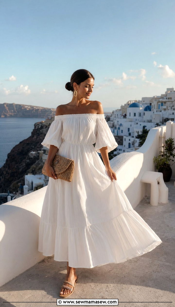 Off shoulder flowy dress with flat sandals - 35 Santorini vacation outfit ideas