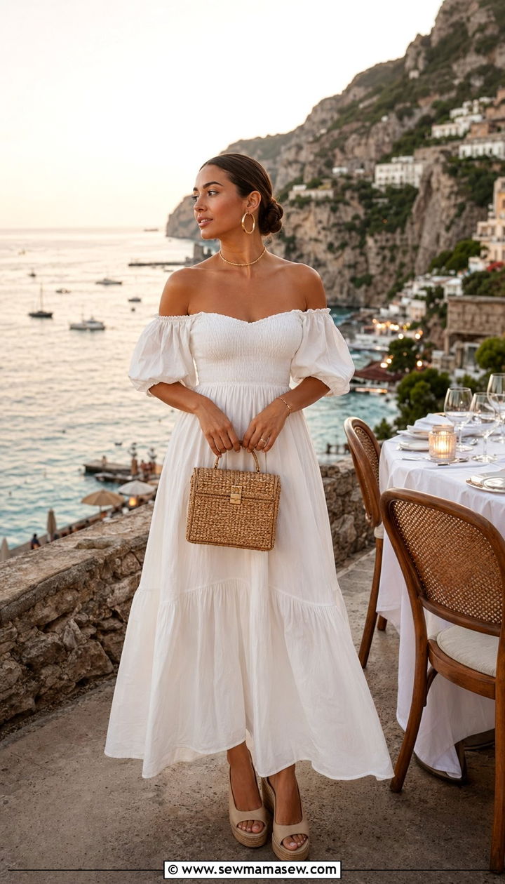 Off shoulder maxi dress beach dinner outfit - 30 Beach outfit ideas for dinner