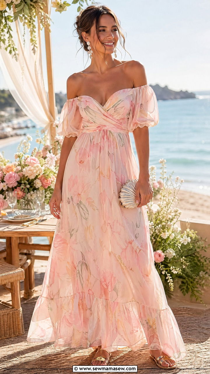 Off shoulder maxi dress for beach or garden bridal shower - 35 summer bridal shower outfit ideas