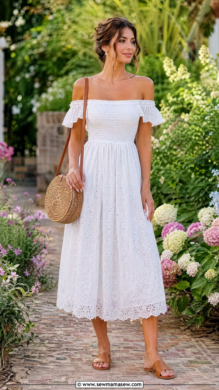 Off shoulder sundress with flat sandals - 35 Summer outfits for women in their 30s