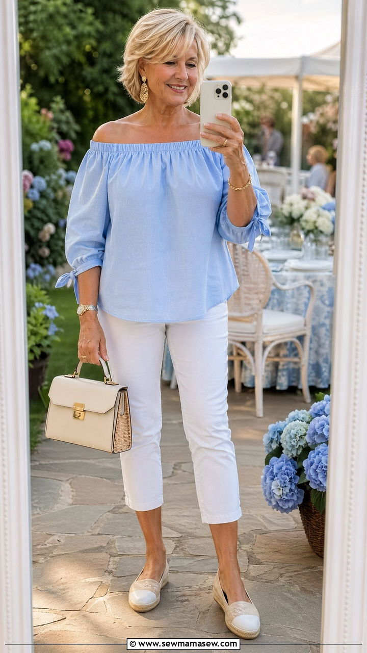 Off shoulder top and capris summer outfit for women over 50 - 35 What to wear in summer for women over 50