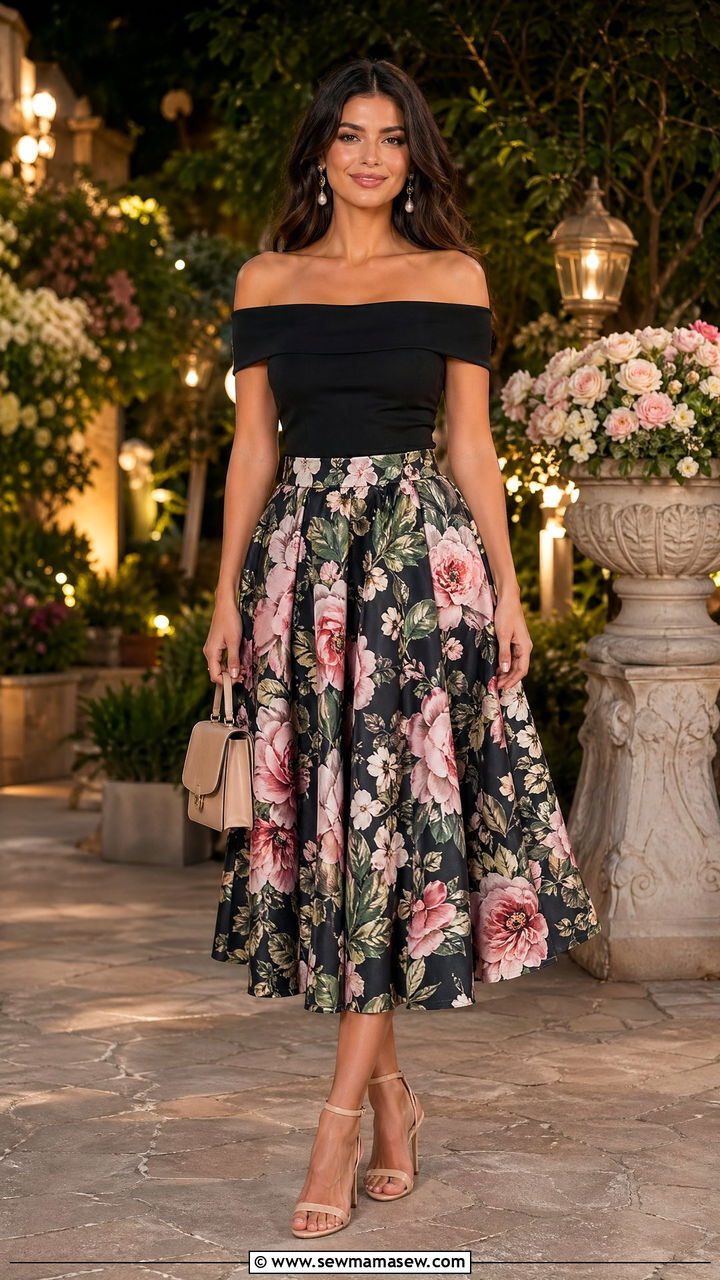 Off shoulder top and floral midi skirt outfit - 35 classy outfits 2026