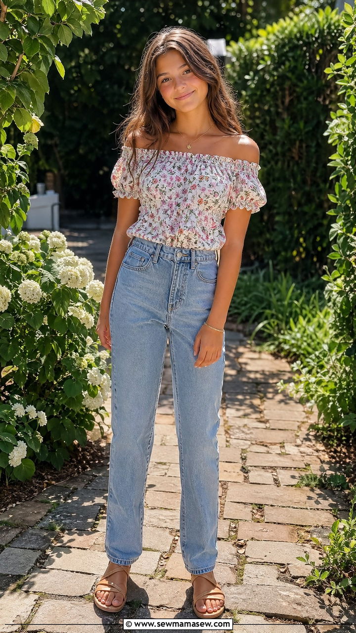 Off shoulder top and high waisted jeans middle school summer outfit - 35 Summer outfits for middle school