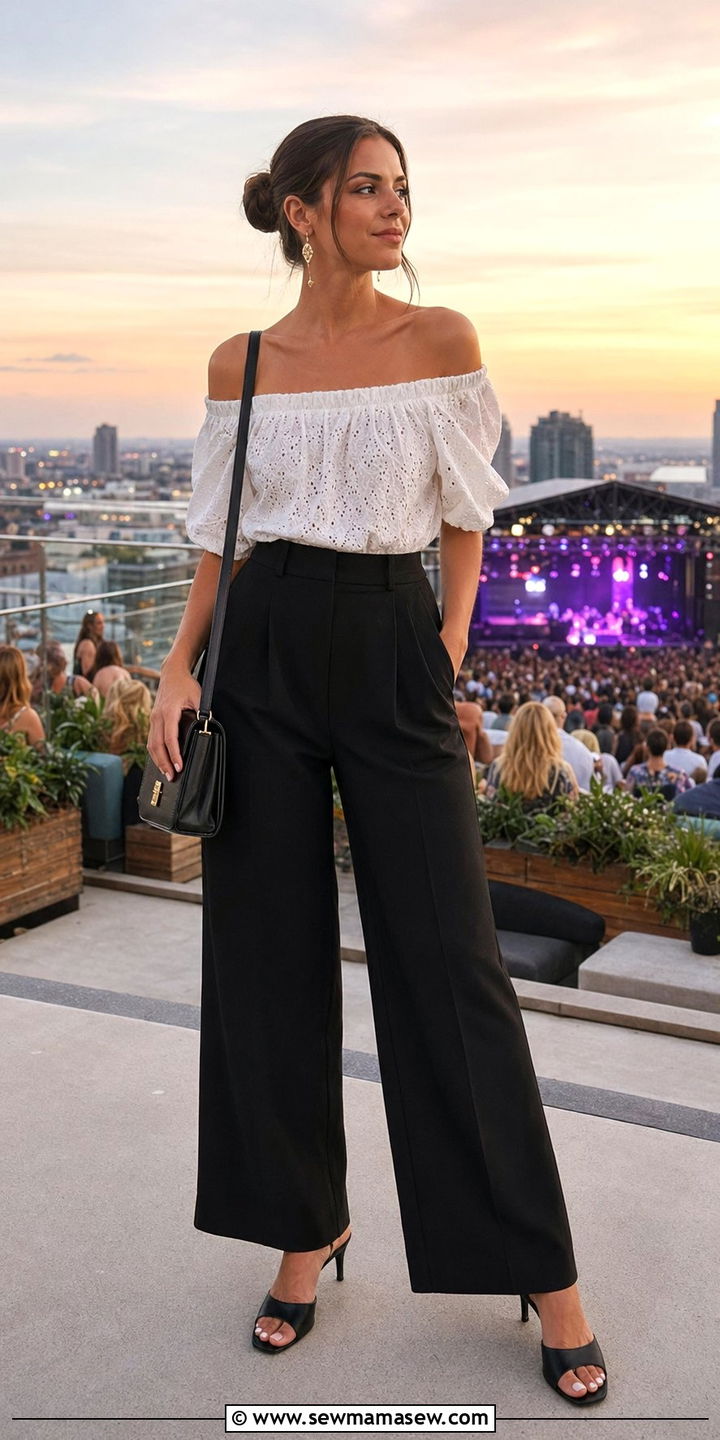 Off shoulder top and high waisted trousers concert outfit - 30 What to wear to a spring concert