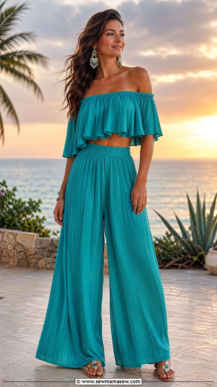 Off shoulder top and palazzo pants matching set - 35 cute matching set outfits