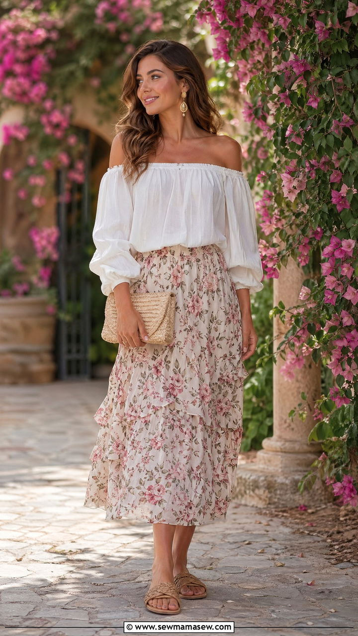 Off shoulder top and tiered midi skirt outfit - 35 summer skirt outfit ideas