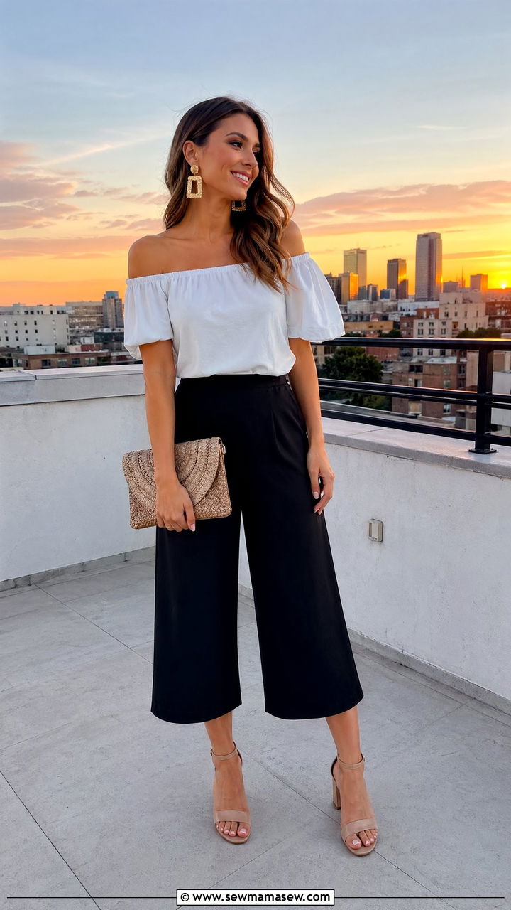 Off shoulder top with cropped wide leg pants and heels - 35 summer simple outfit ideas