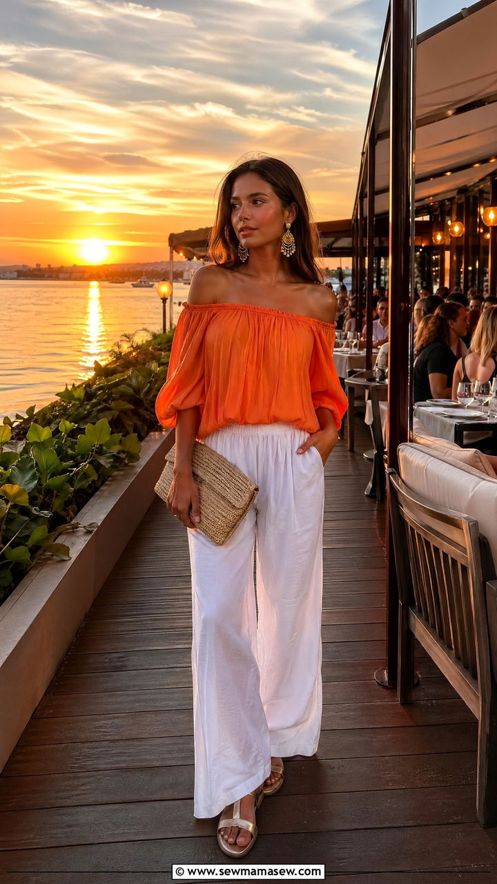 Off shoulder top with white wide leg pants - 35 Summer outfits for teen girls
