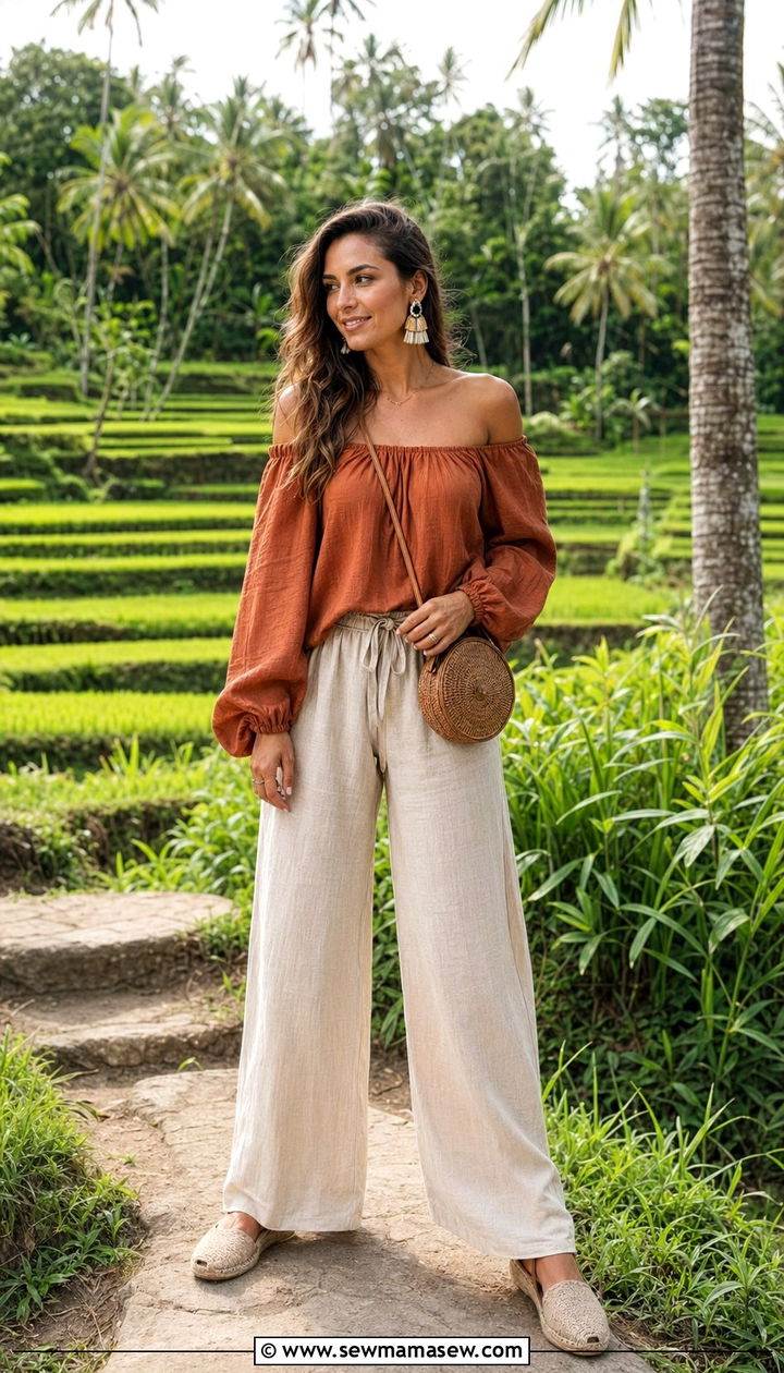 Off shoulder top with wide leg linen pants Bali - 30 Bali packing list outfits