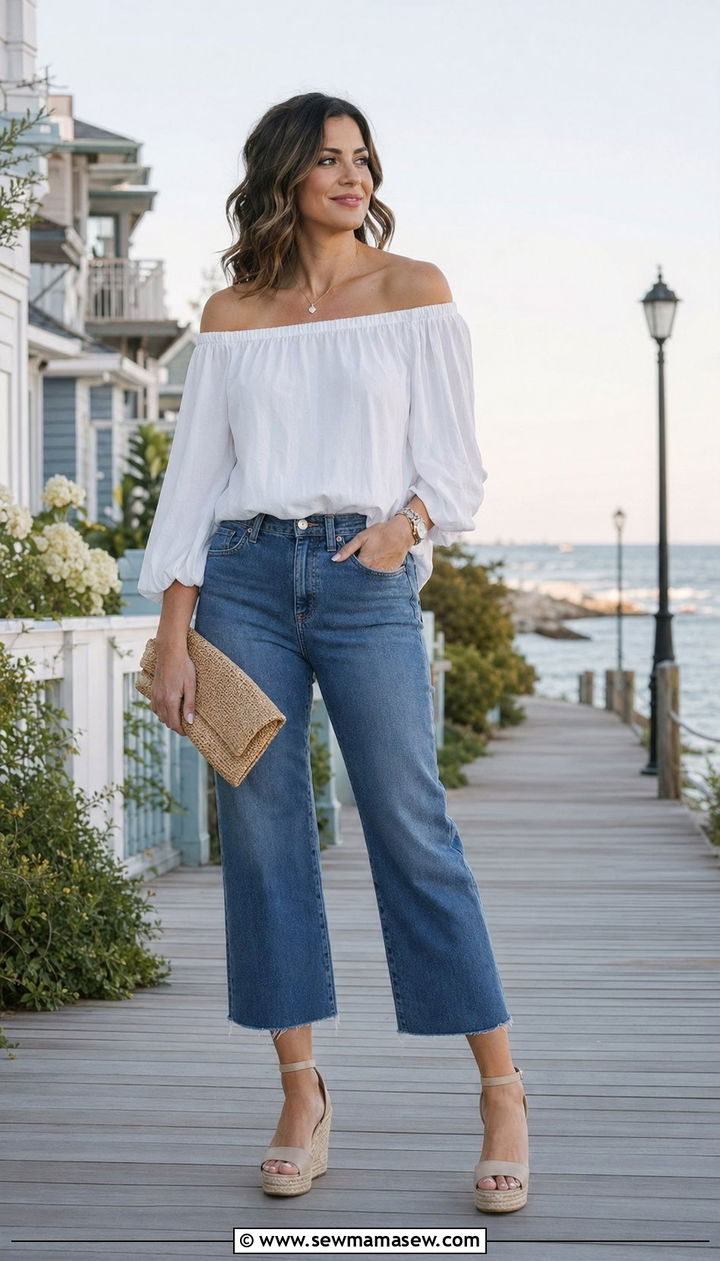 Off the Shoulder Blouse and Cropped Jeans Outfit - 30 70 degree weather outfits