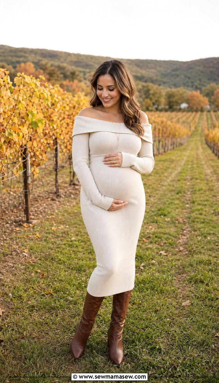 Off the Shoulder Knit Dress with Knee High Boots - 30 Baby shower outfits for mom to be